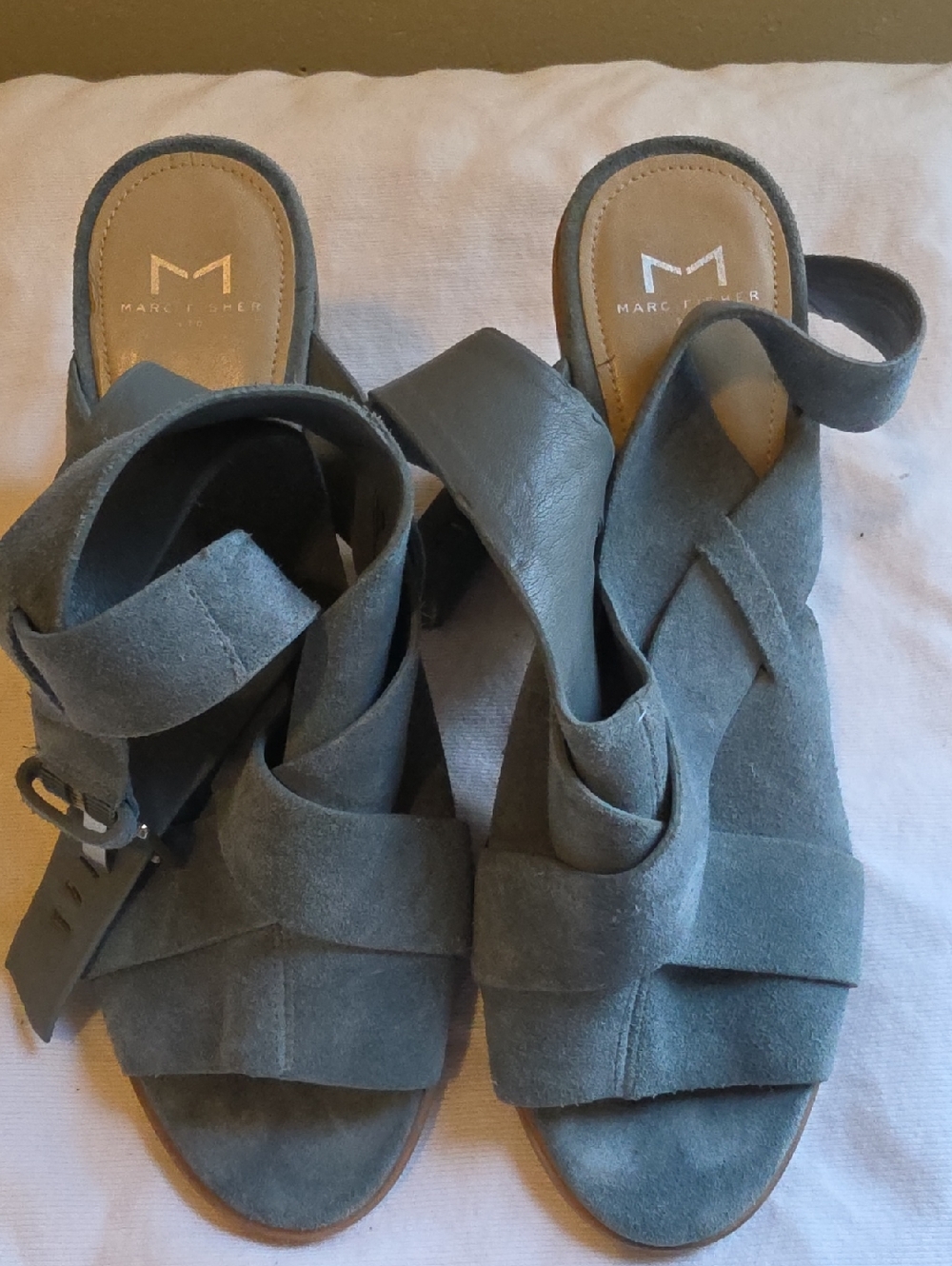 Marc Fisher Blue Suede Knotted Open-Toe Mules